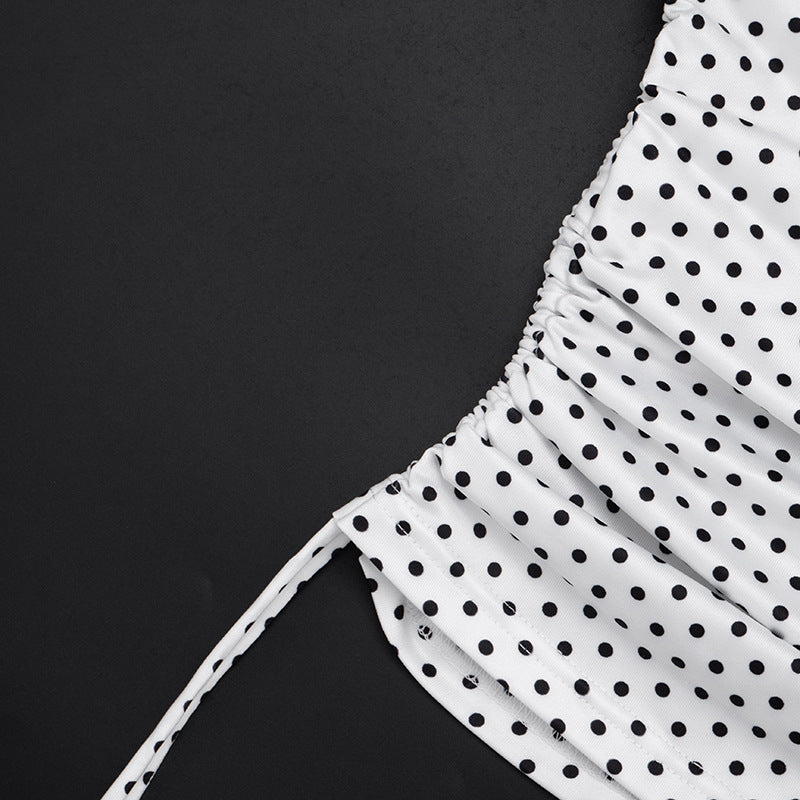 Chic Polka Dot Halter Top – Adjustable Ruched Drawstring for Effortless Fall Style & Getaways