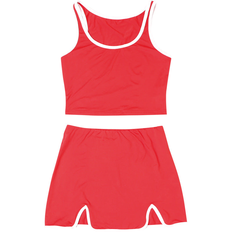 Flirty & Sporty: Vibrant Red Scalloped Hem Tank & Mini Skirt Set - Your Go-To for Fall Fun
