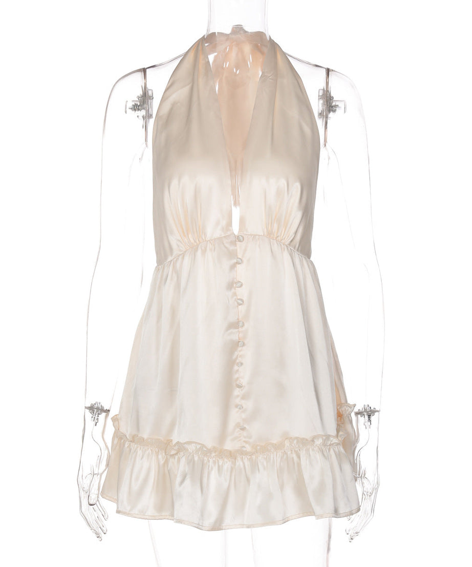 Effortless Chic: Champagne Halter Deep V Satin Mini Dress - Holiday Party & Date Night Ready