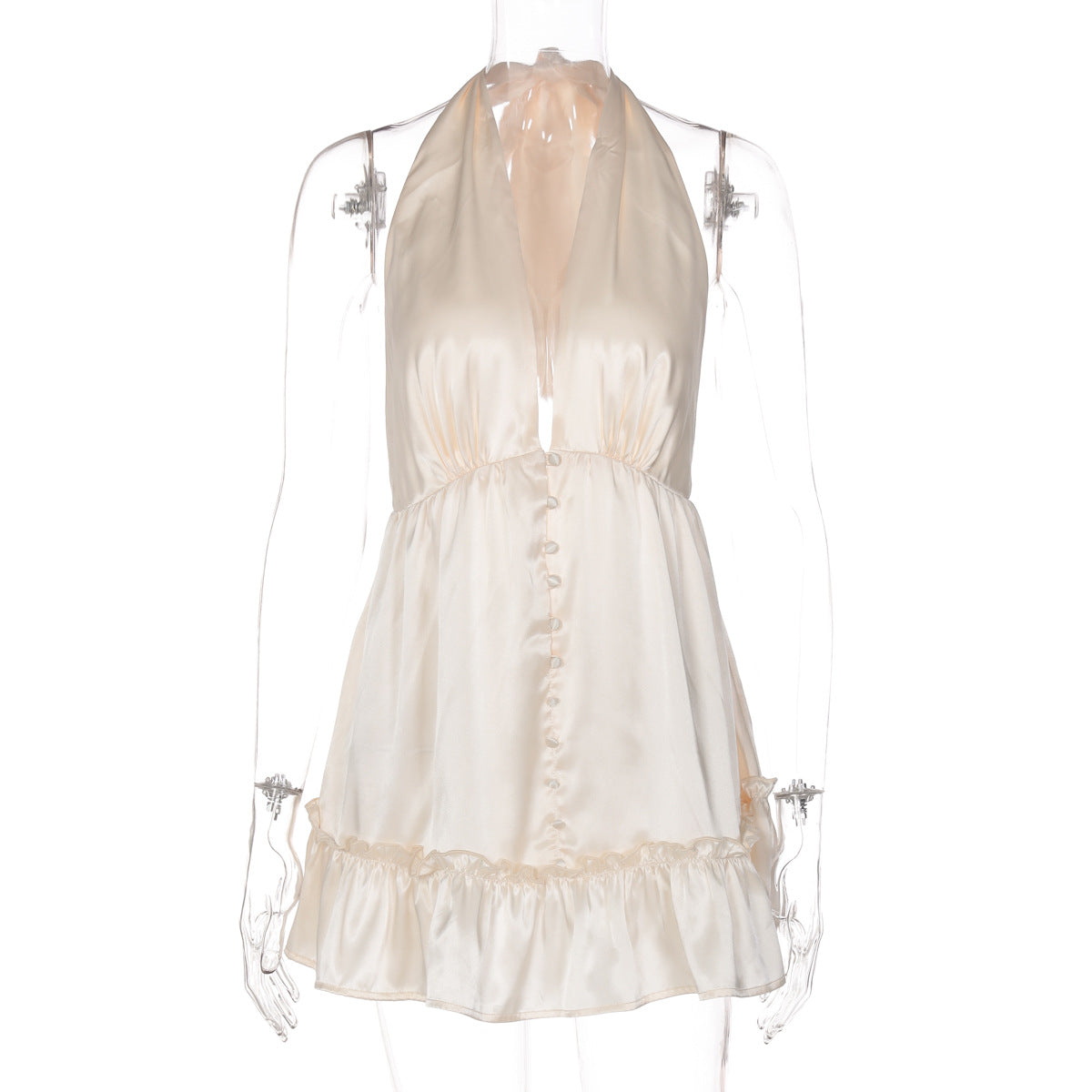 Effortless Chic: Champagne Halter Deep V Satin Mini Dress - Holiday Party & Date Night Ready