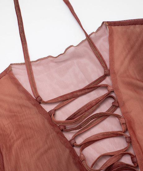 Spiced Rust Sheer Lace-Up Mesh Top - Fall V-Neck Bell Sleeve Blouse