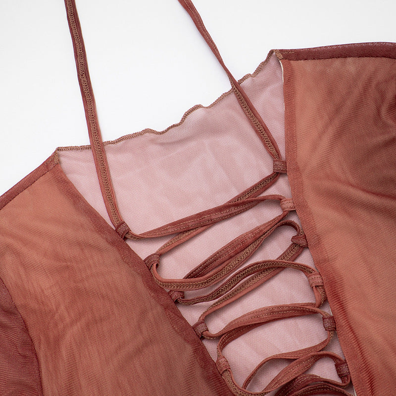 Spiced Rust Sheer Lace-Up Mesh Top - Fall V-Neck Bell Sleeve Blouse