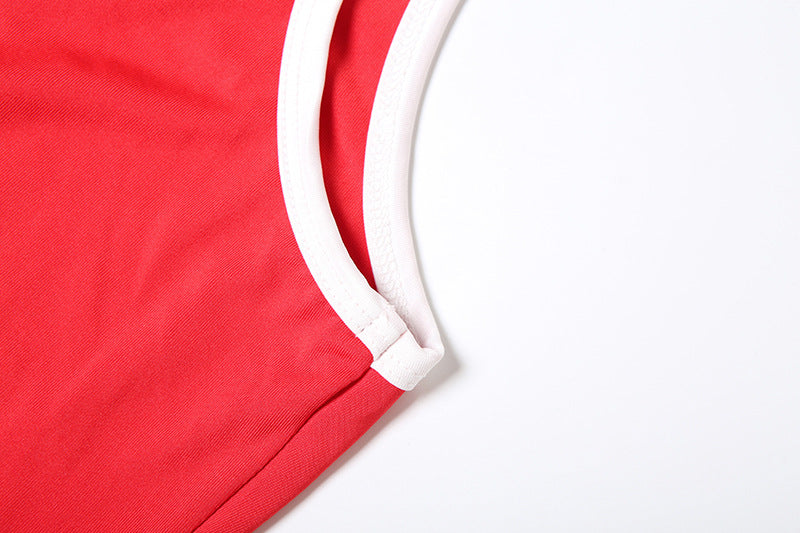 Flirty & Sporty: Vibrant Red Scalloped Hem Tank & Mini Skirt Set - Your Go-To for Fall Fun