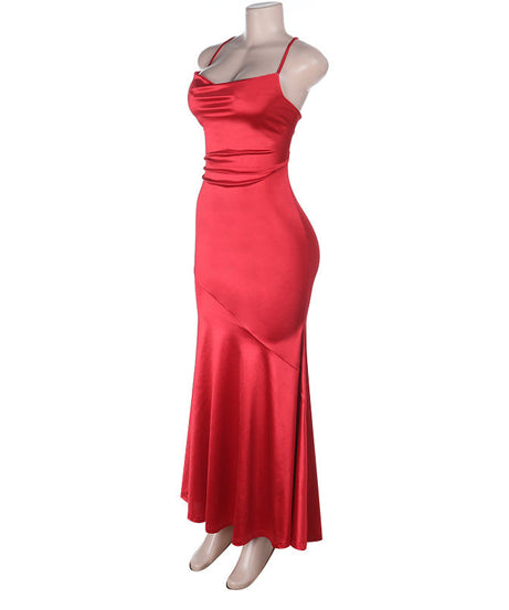 Elegant Red Satin Cowl Neck Criss-Cross Back Mermaid Maxi Dress - Perfect for Holiday Galas & New Year's Eve