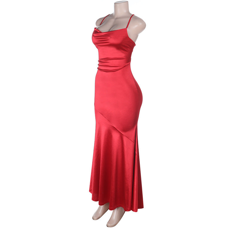Elegant Red Satin Cowl Neck Criss-Cross Back Mermaid Maxi Dress - Perfect for Holiday Galas & New Year's Eve