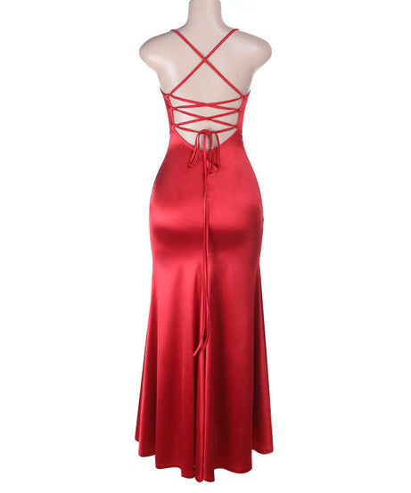Elegant Red Satin Cowl Neck Criss-Cross Back Mermaid Maxi Dress - Perfect for Holiday Galas & New Year's Eve