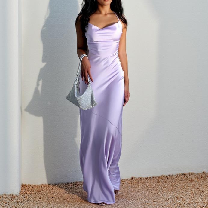 Elegant Red Satin Cowl Neck Criss-Cross Back Mermaid Maxi Dress - Perfect for Holiday Galas & New Year's Eve