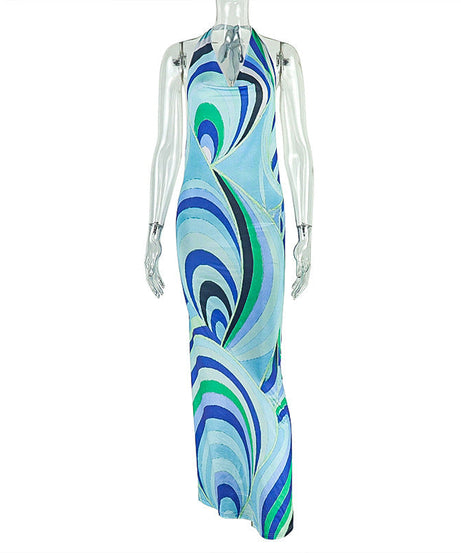 Vibrant Swirl Halter Maxi Dress | Backless Bodycon for Resort & Vacation