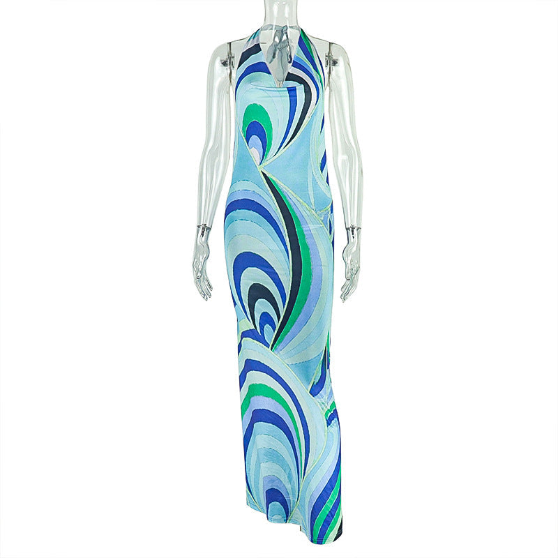 Vibrant Swirl Halter Maxi Dress | Backless Bodycon for Resort & Vacation