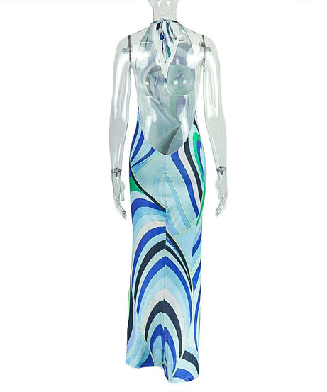 Vibrant Swirl Halter Maxi Dress | Backless Bodycon for Resort & Vacation
