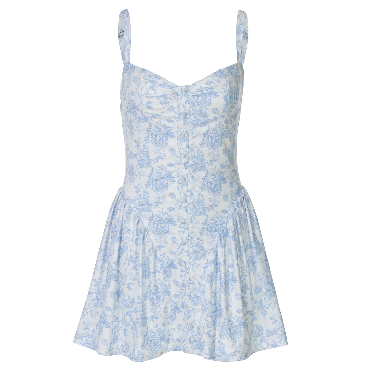 Chic Blue Floral Sweetheart Mini Dress - Romantic Button Front & Vacation Ready
