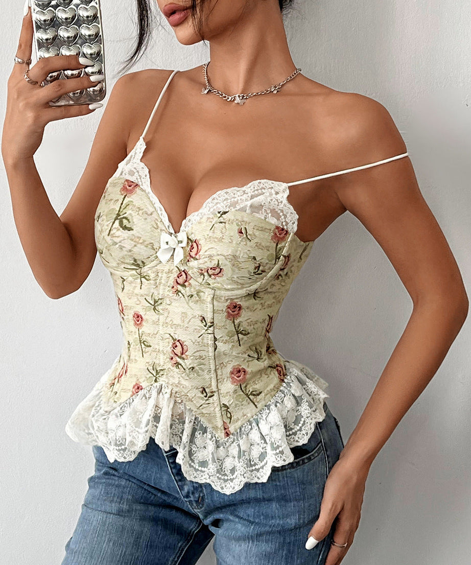 Romantic Rose Script Lace Peplum Cami Top | Coquette Bustier for Fall