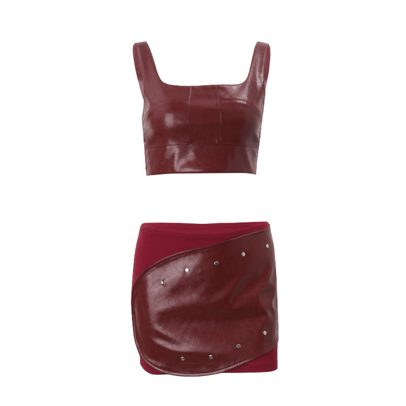 Siren Red Faux Leather Crop Top & Studded Mini Skirt Set - Edgy Fall Party Look