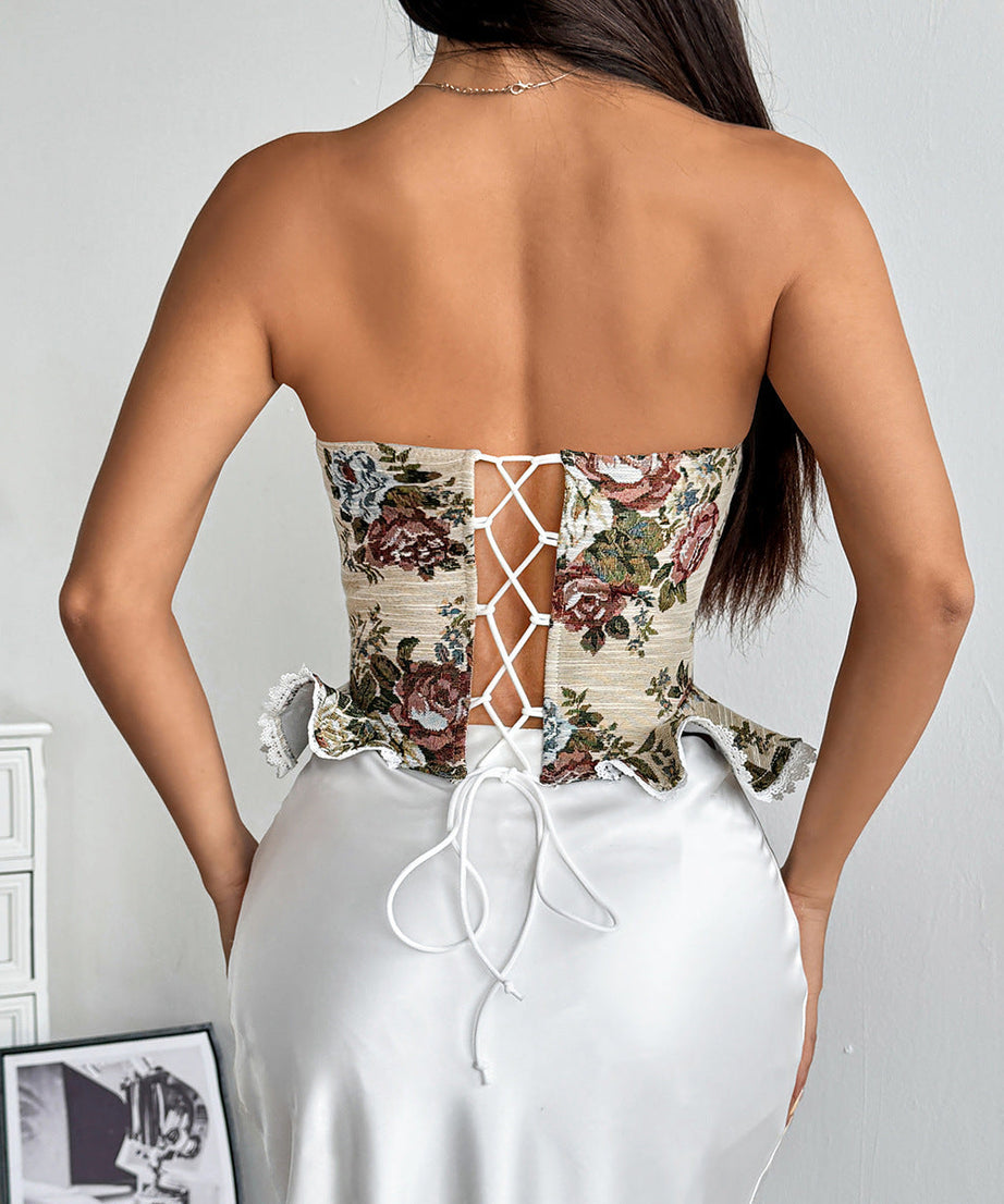 Enchanting Fall Floral Tapestry Corset Top - Sweetheart Peplum Bustier for Autumn Chic
