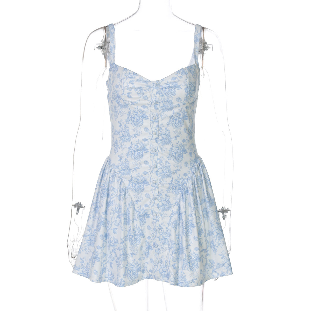 Chic Blue Floral Sweetheart Mini Dress - Romantic Button Front & Vacation Ready