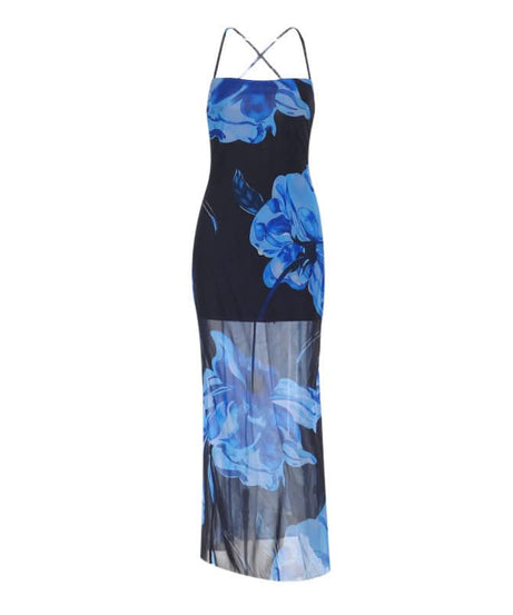 Stunning Blue Floral Mesh Maxi Dress - Strappy Cross-Back for Fall & Holiday Events