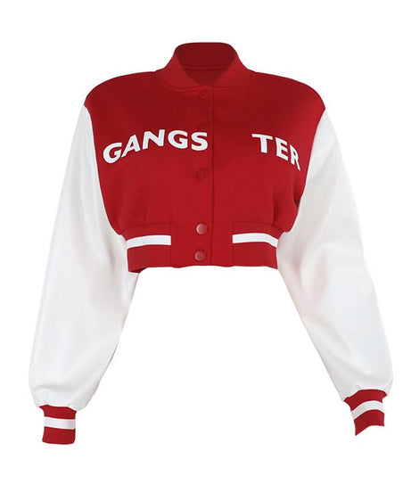 Fall Ready Cropped Varsity Bomber Jacket for Women - Bold Red & White 'GANGSTER' Statement