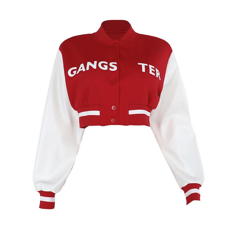 Fall Ready Cropped Varsity Bomber Jacket for Women - Bold Red & White 'GANGSTER' Statement