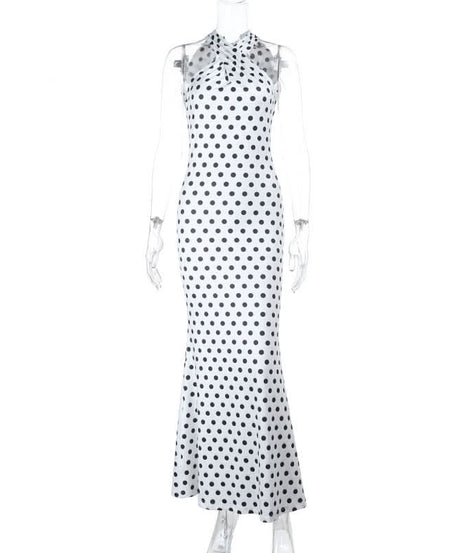 Chic Polka Dot Halter Maxi Dress - Backless Bodycon for Holiday Glamour