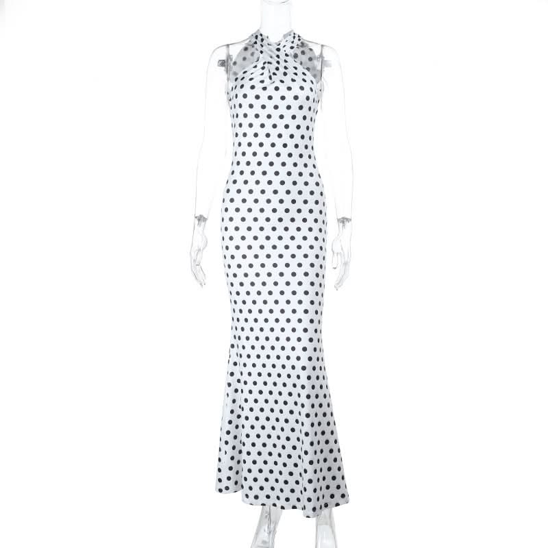 Chic Polka Dot Halter Maxi Dress - Backless Bodycon for Holiday Glamour