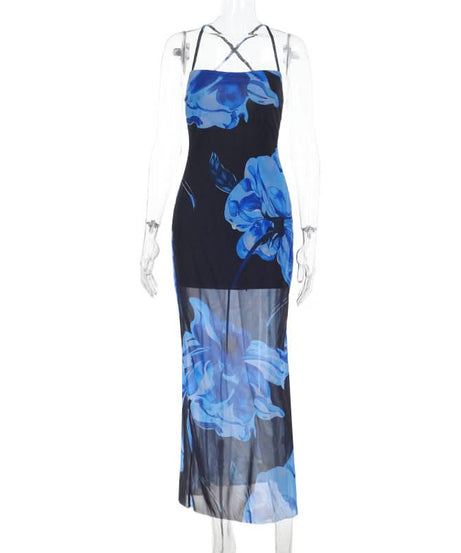Stunning Blue Floral Mesh Maxi Dress - Strappy Cross-Back for Fall & Holiday Events