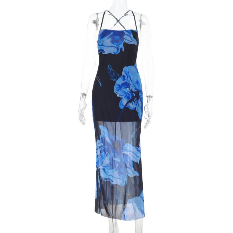 Stunning Blue Floral Mesh Maxi Dress - Strappy Cross-Back for Fall & Holiday Events