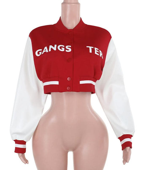 Fall Ready Cropped Varsity Bomber Jacket for Women - Bold Red & White 'GANGSTER' Statement