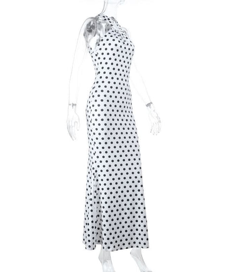 Chic Polka Dot Halter Maxi Dress - Backless Bodycon for Holiday Glamour