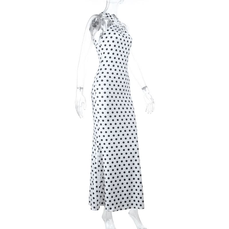 Chic Polka Dot Halter Maxi Dress - Backless Bodycon for Holiday Glamour