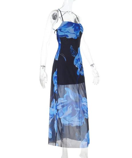 Stunning Blue Floral Mesh Maxi Dress - Strappy Cross-Back for Fall & Holiday Events