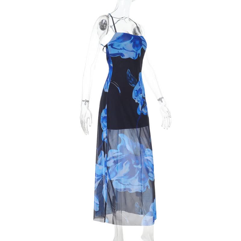 Stunning Blue Floral Mesh Maxi Dress - Strappy Cross-Back for Fall & Holiday Events