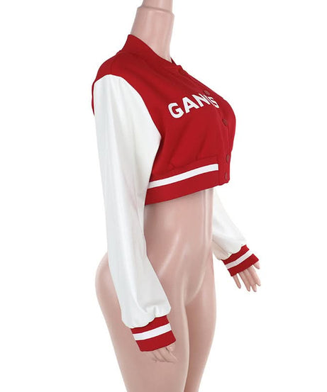Fall Ready Cropped Varsity Bomber Jacket for Women - Bold Red & White 'GANGSTER' Statement