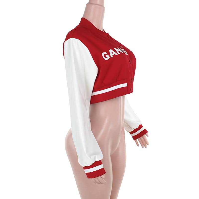 Fall Ready Cropped Varsity Bomber Jacket for Women - Bold Red & White 'GANGSTER' Statement