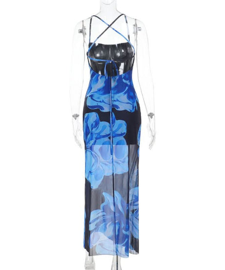 Stunning Blue Floral Mesh Maxi Dress - Strappy Cross-Back for Fall & Holiday Events