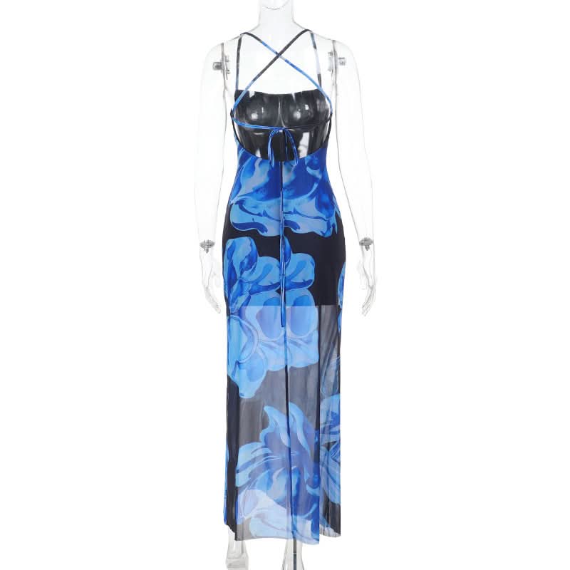 Stunning Blue Floral Mesh Maxi Dress - Strappy Cross-Back for Fall & Holiday Events