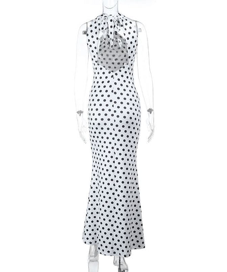 Chic Polka Dot Halter Maxi Dress - Backless Bodycon for Holiday Glamour