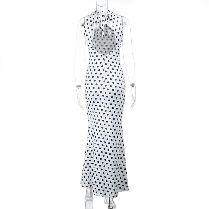 Chic Polka Dot Halter Maxi Dress - Backless Bodycon for Holiday Glamour
