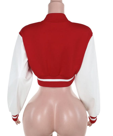 Fall Ready Cropped Varsity Bomber Jacket for Women - Bold Red & White 'GANGSTER' Statement