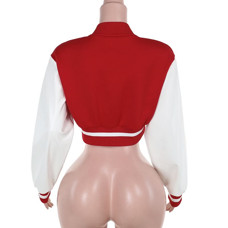 Fall Ready Cropped Varsity Bomber Jacket for Women - Bold Red & White 'GANGSTER' Statement