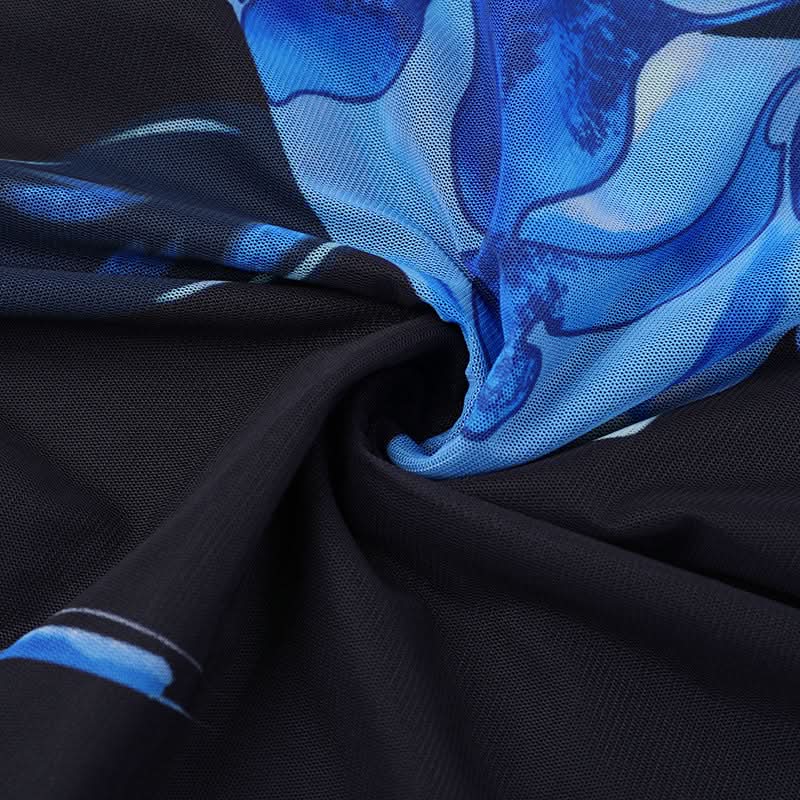 Stunning Blue Floral Mesh Maxi Dress - Strappy Cross-Back for Fall & Holiday Events