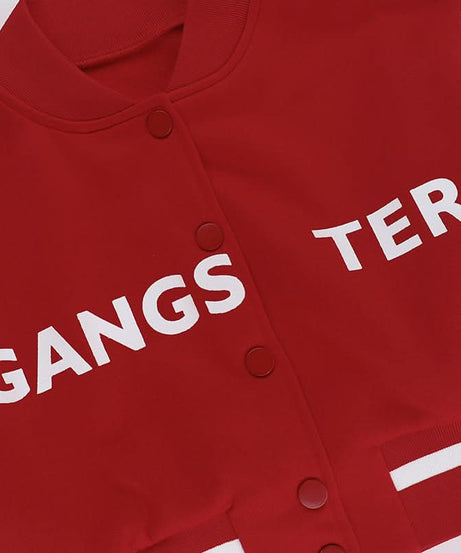 Fall Ready Cropped Varsity Bomber Jacket for Women - Bold Red & White 'GANGSTER' Statement