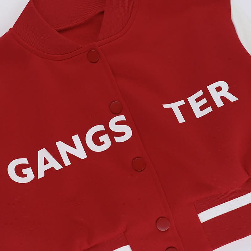 Fall Ready Cropped Varsity Bomber Jacket for Women - Bold Red & White 'GANGSTER' Statement