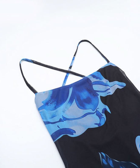 Stunning Blue Floral Mesh Maxi Dress - Strappy Cross-Back for Fall & Holiday Events