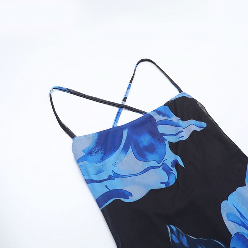 Stunning Blue Floral Mesh Maxi Dress - Strappy Cross-Back for Fall & Holiday Events