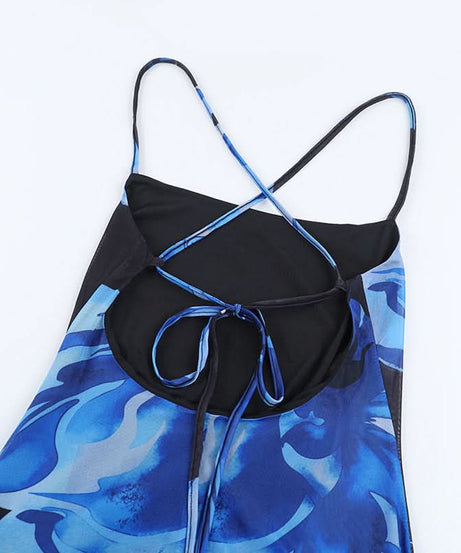 Stunning Blue Floral Mesh Maxi Dress - Strappy Cross-Back for Fall & Holiday Events