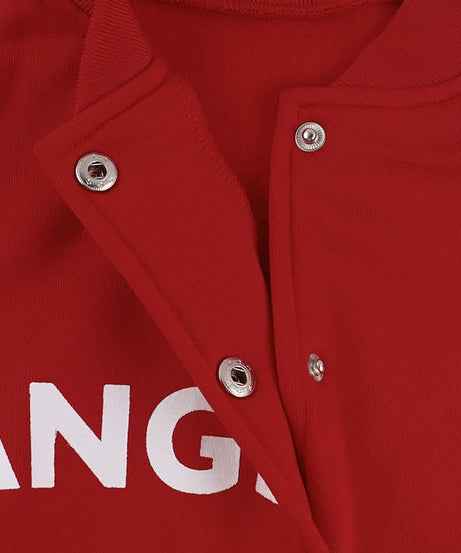 Fall Ready Cropped Varsity Bomber Jacket for Women - Bold Red & White 'GANGSTER' Statement