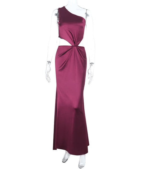 Elegant Wine Satin One-Shoulder Cutout Maxi Dress - Fall & Holiday Party Ready