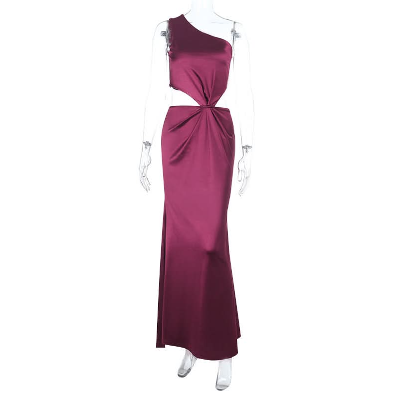 Elegant Wine Satin One-Shoulder Cutout Maxi Dress - Fall & Holiday Party Ready