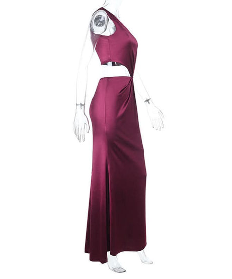 Elegant Wine Satin One-Shoulder Cutout Maxi Dress - Fall & Holiday Party Ready