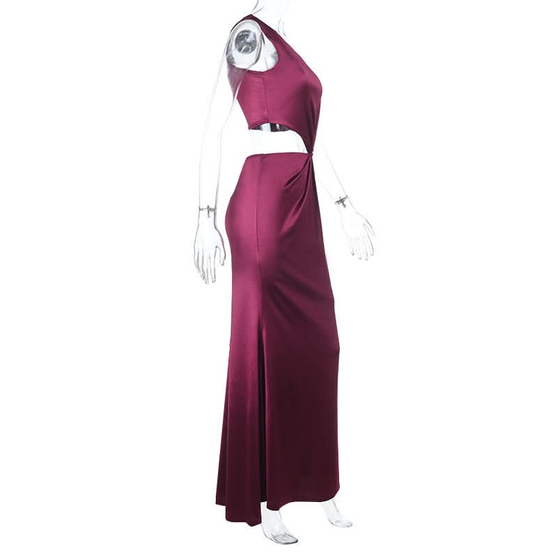 Elegant Wine Satin One-Shoulder Cutout Maxi Dress - Fall & Holiday Party Ready